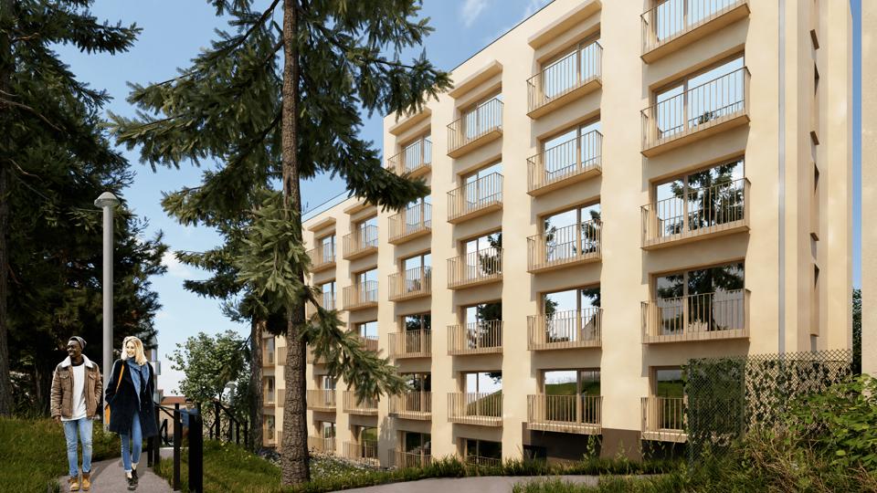 Visionsbild. Flerbostadshuset står till höger i bild. farmför går en gångväg med trappor ner mot Bandhagen centrum. Två personer går i trappan.